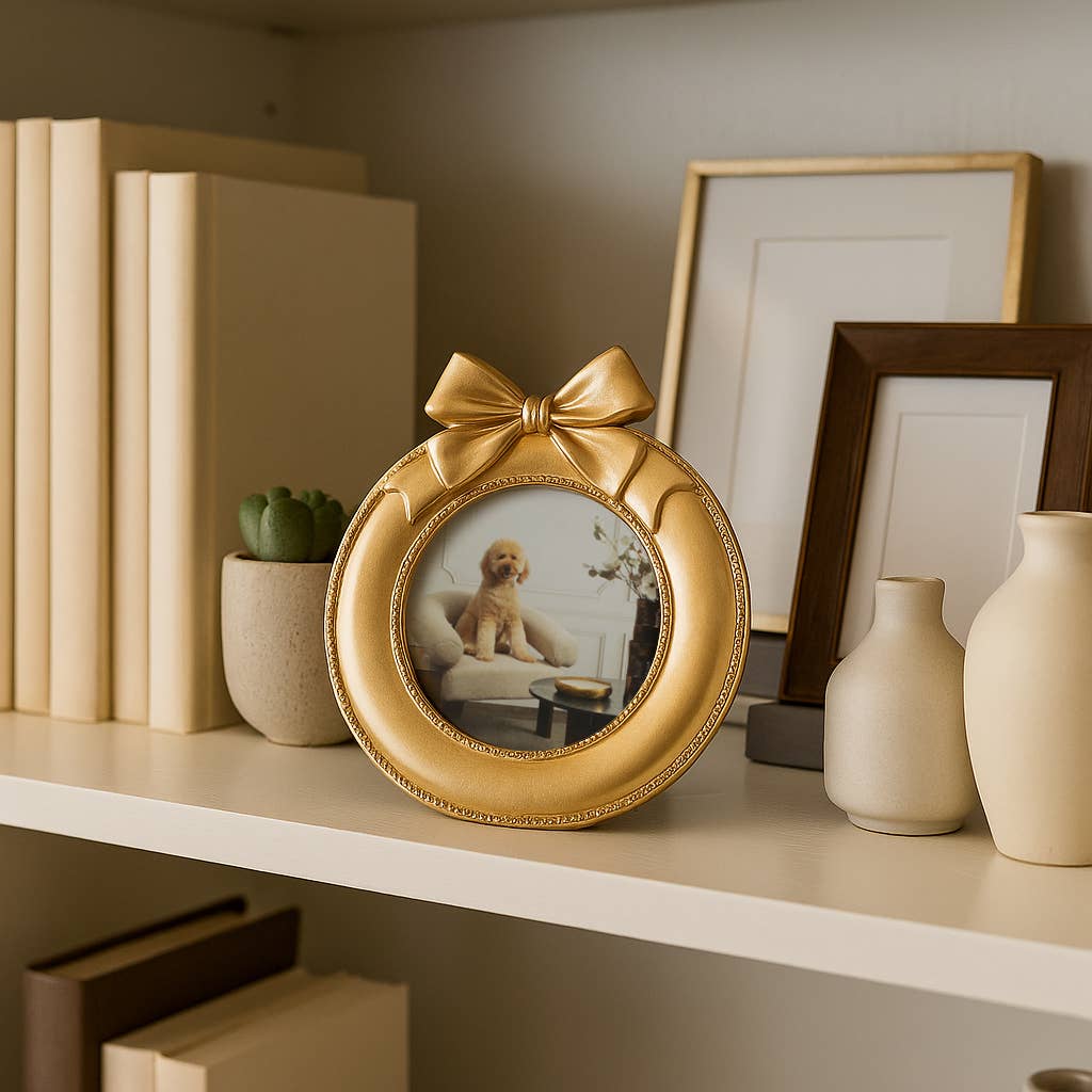 Photo Frame - Gold Polyresin Round with Bow, 4x4 in.