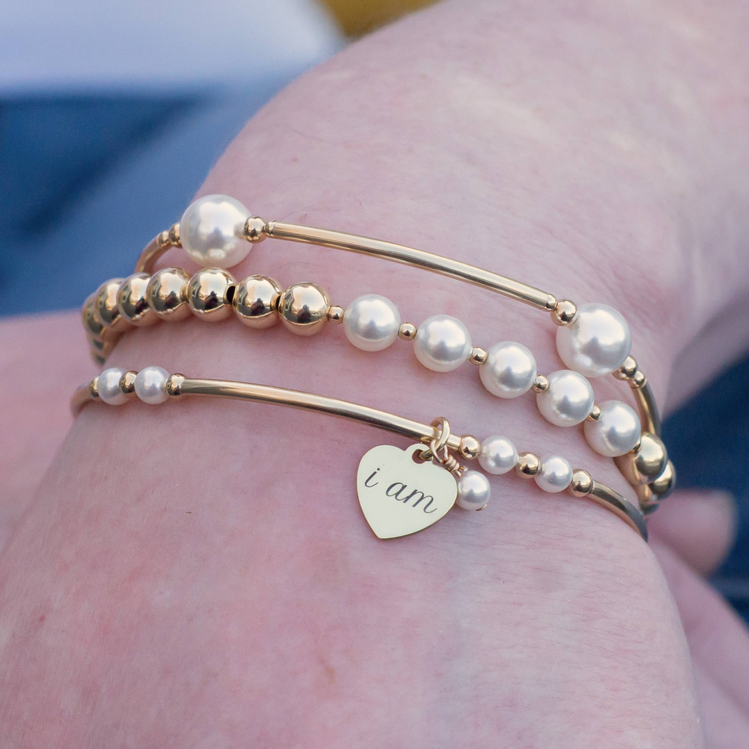 8mm White Pearl Blessing Bracelet in Gold - June : S