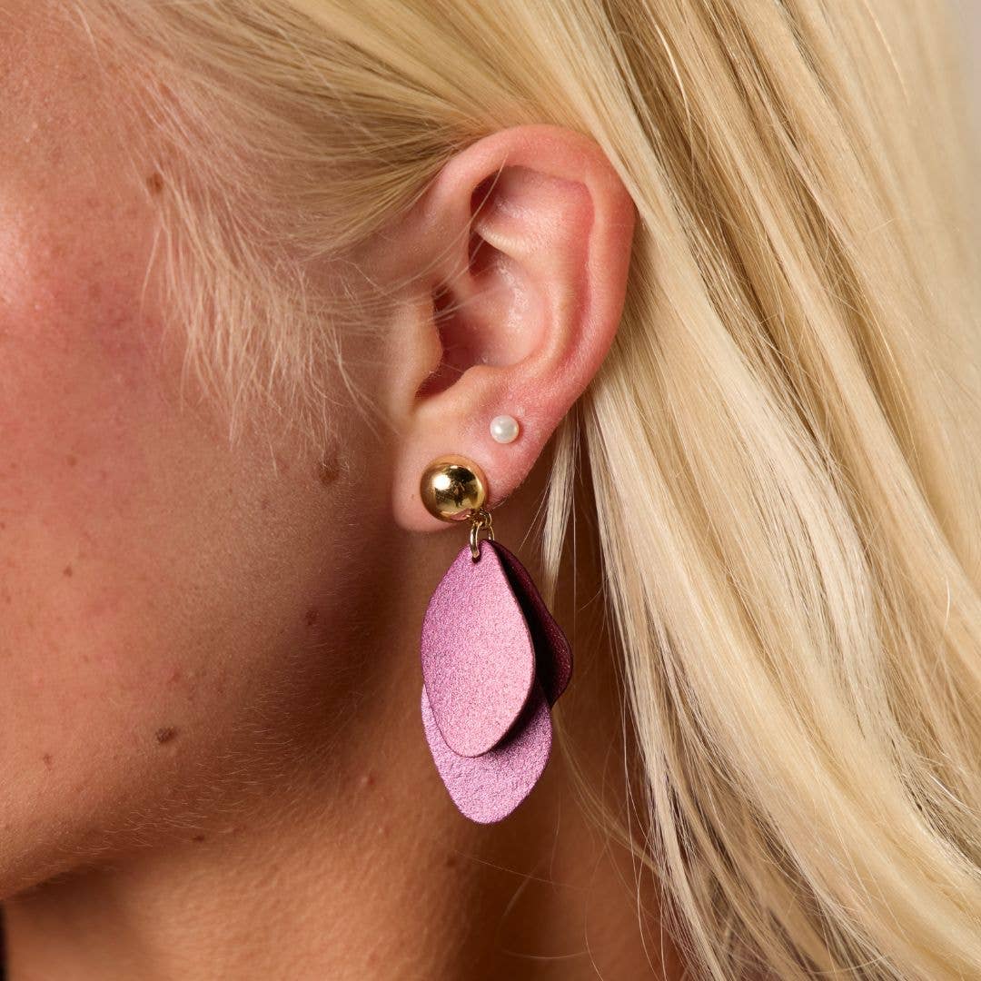 Garnet Shimmer Suede Weston Leather Drop Earrings: Gold