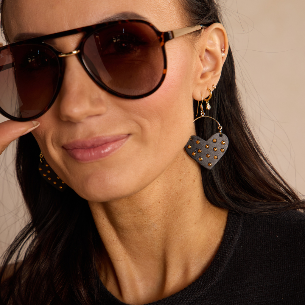 Black Harlow Studded Heart Hoop Earrings: Gold