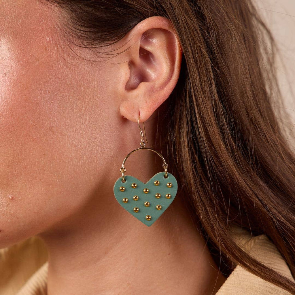 Agave Green Harlow Studded Heart Hoop Earrings: Silver