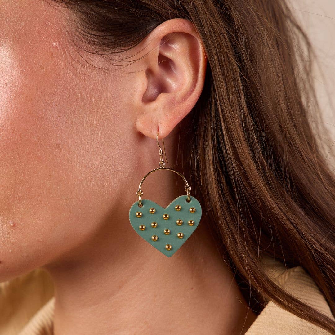Agave Green Harlow Studded Heart Hoop Earrings: Silver