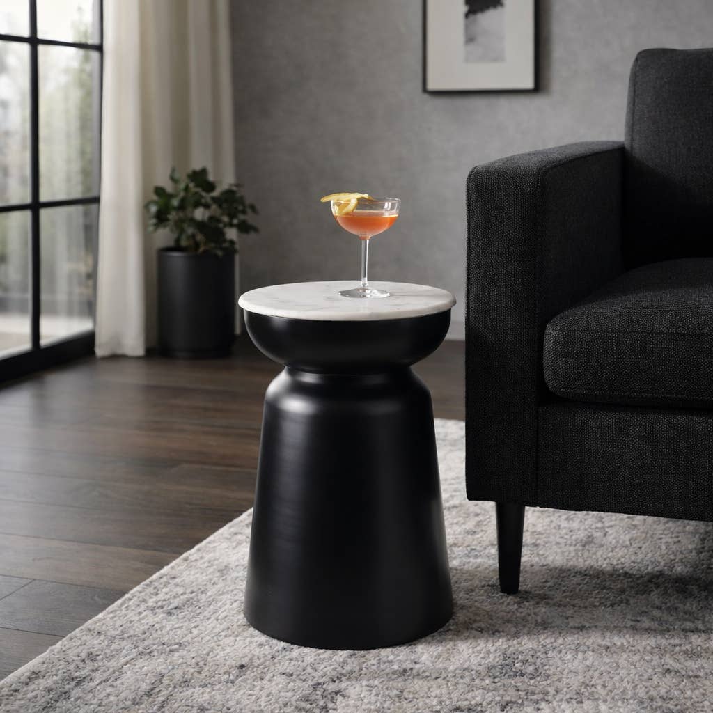 Side Table - Black Marble Round Top Metal Drum Base, 20 in.