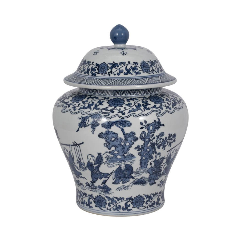 Decorative Jar - Blue Ceramic Blossoms Temple, 15 in.