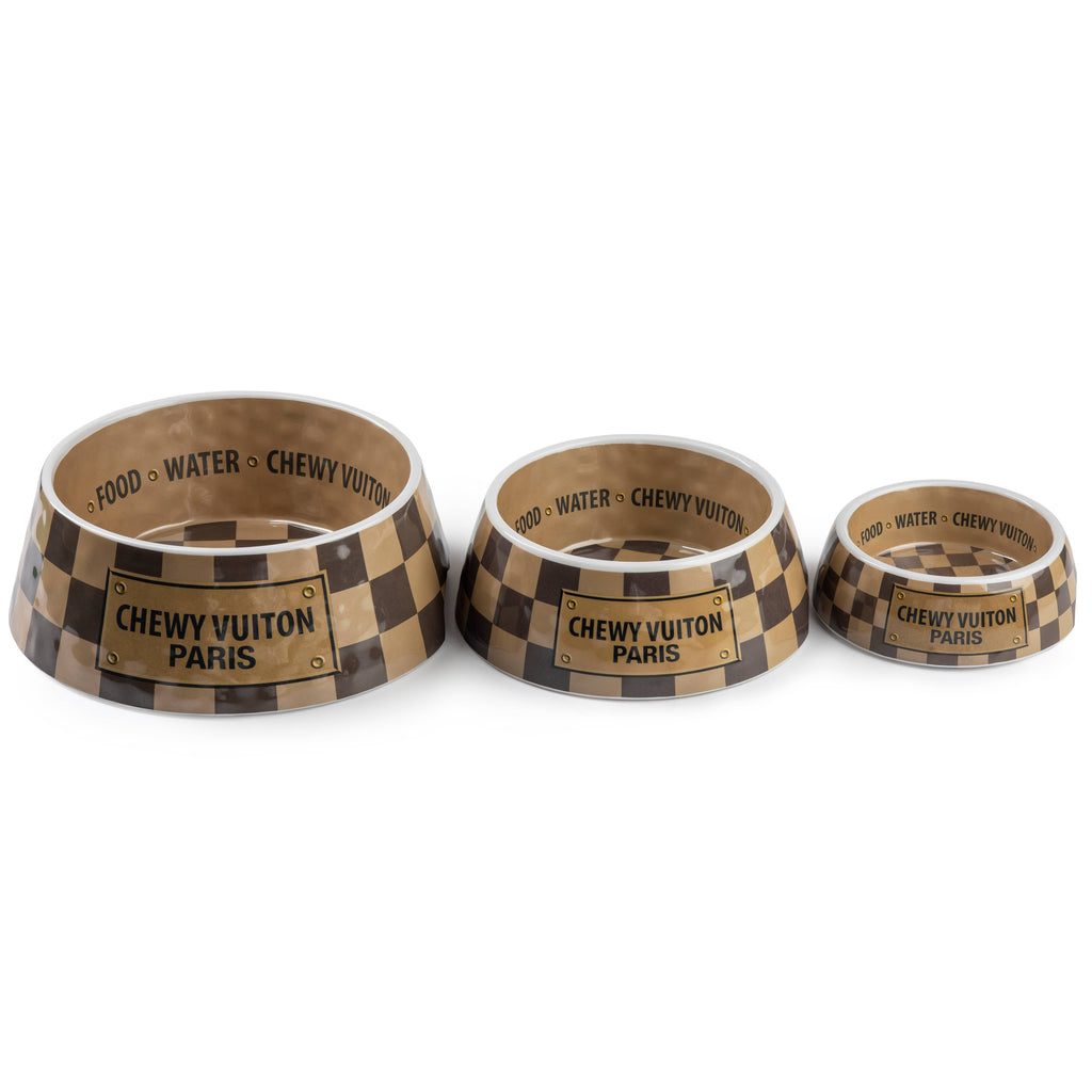 Tan Checker Chewy Vuiton Bowls & Placemat - Cat or Dog Bowl: Small