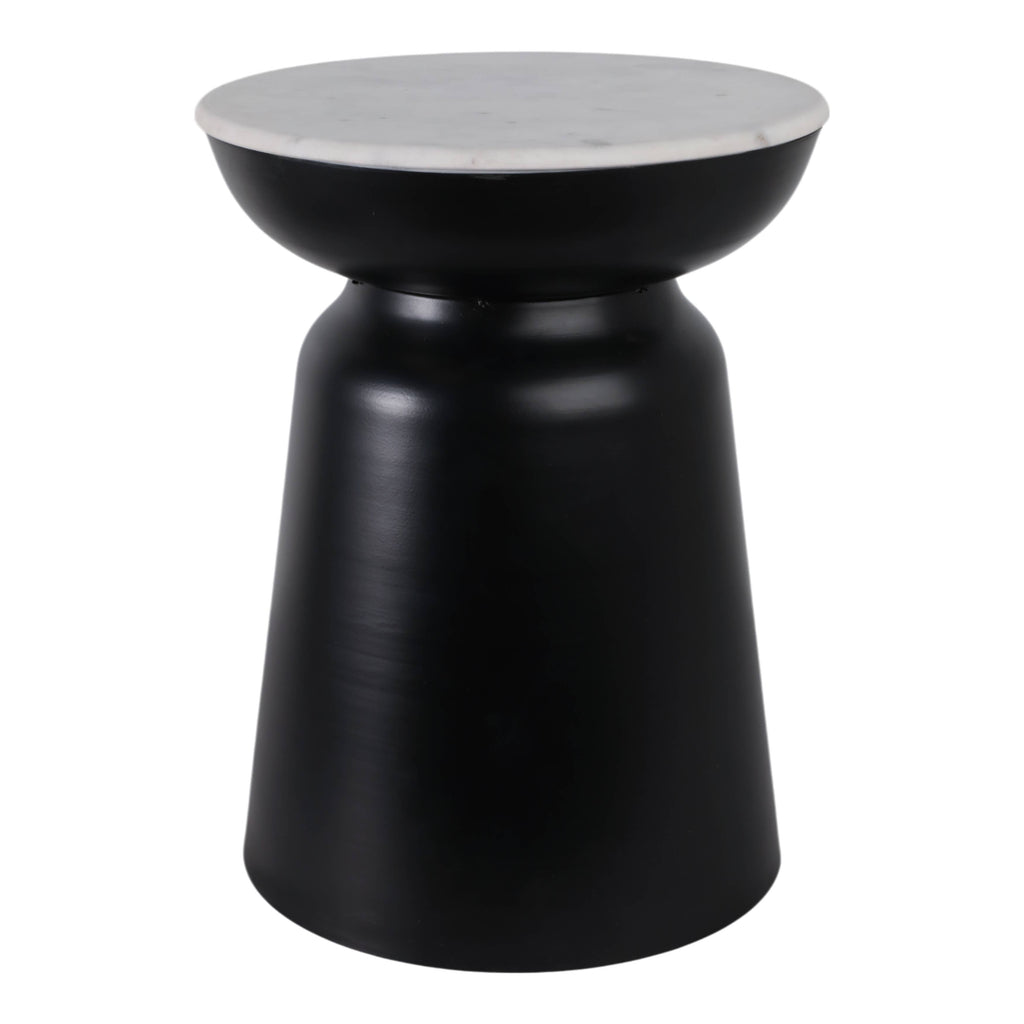 Side Table - Black Marble Round Top Metal Drum Base, 20 in.