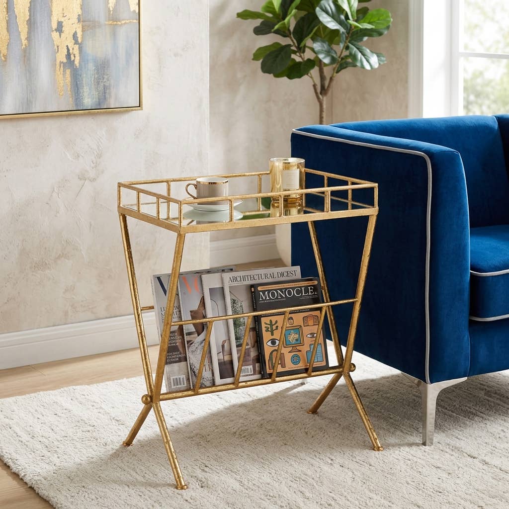 23 in. Tall Gold Metal 2 Tier Mirrored Magazine Bookcase