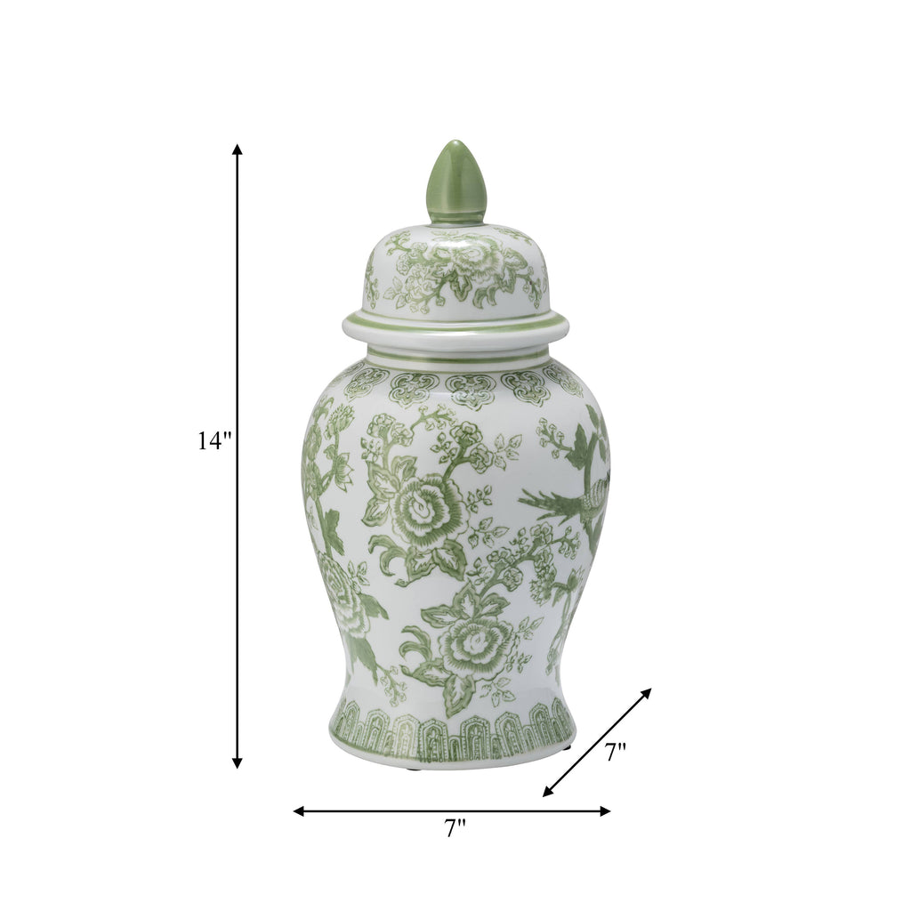 Decorative Jar - Green/White Floral Round Chinoiserie, 14 in