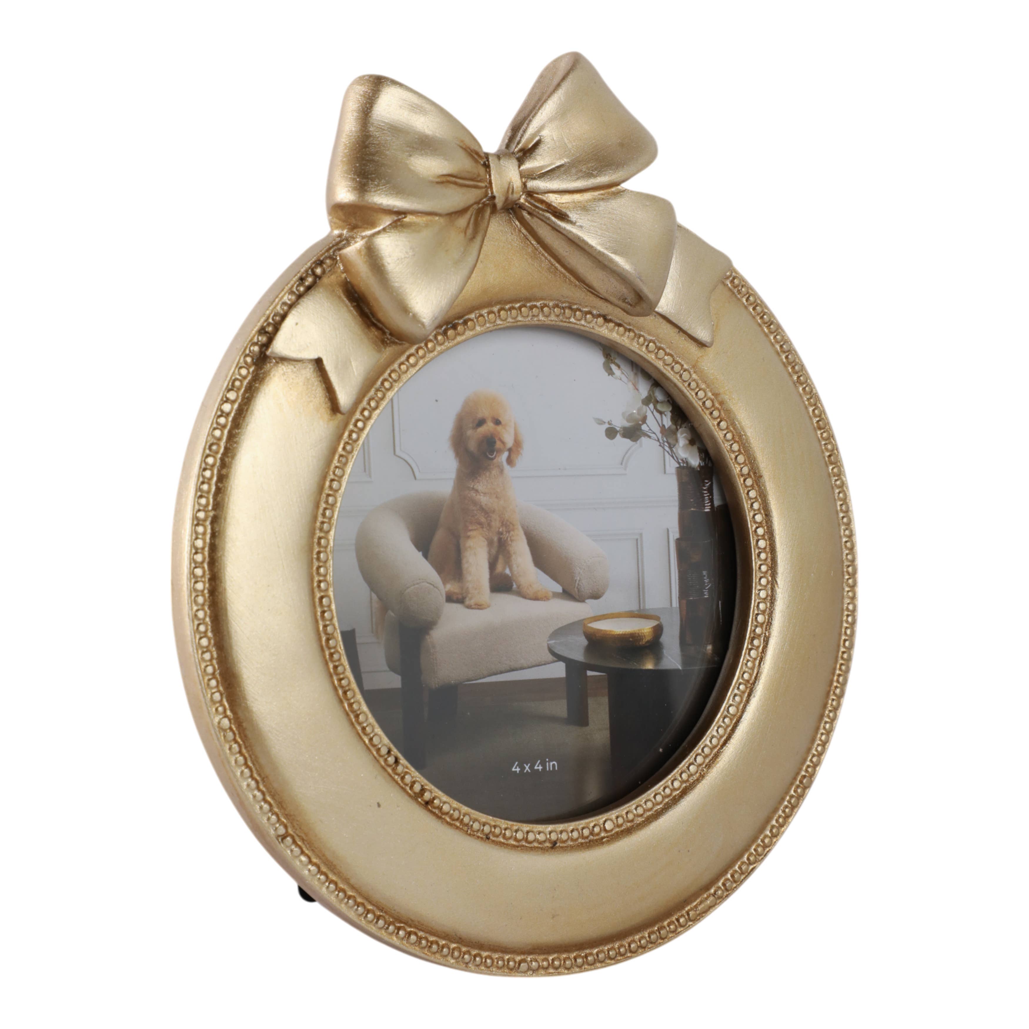 Photo Frame - Gold Polyresin Round with Bow, 4x4 in.
