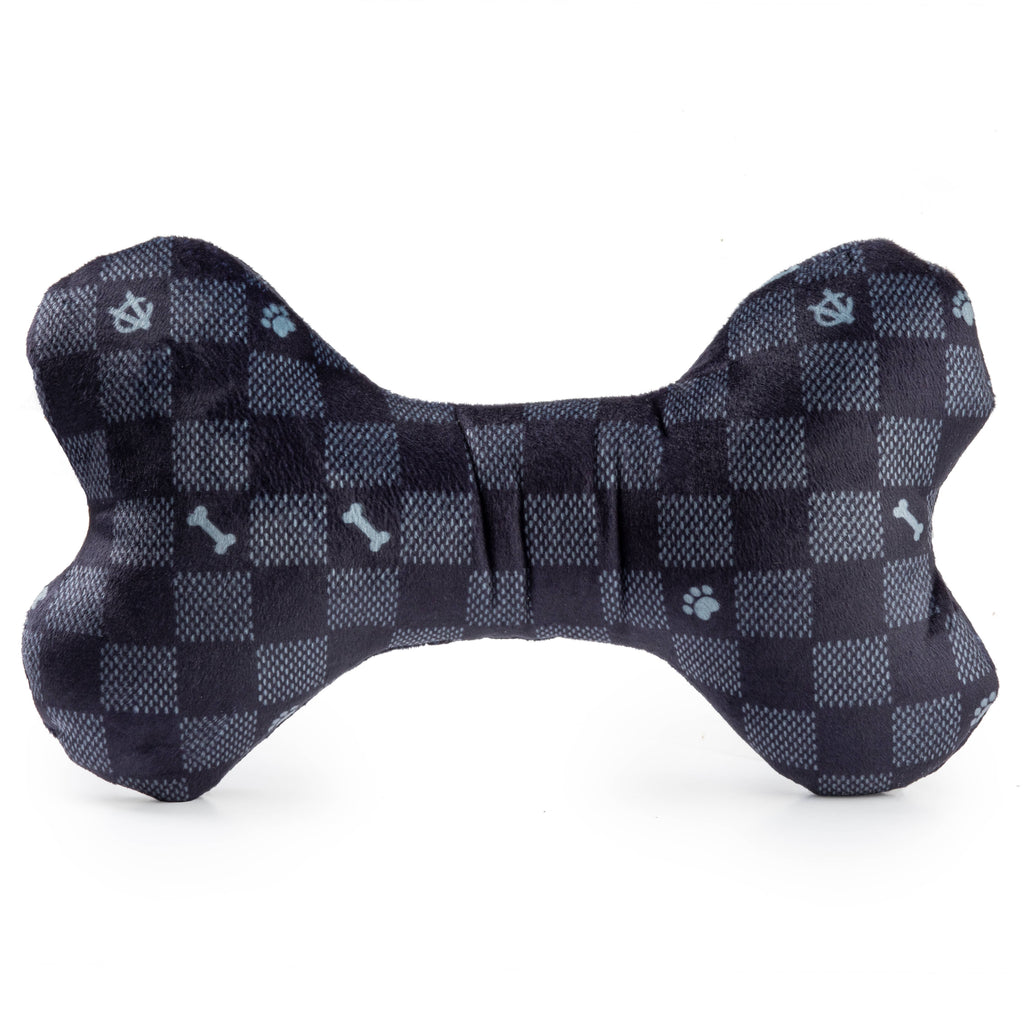 Black Checker Chewy Vuiton Bone  | Squeaker Dog Toy: Large