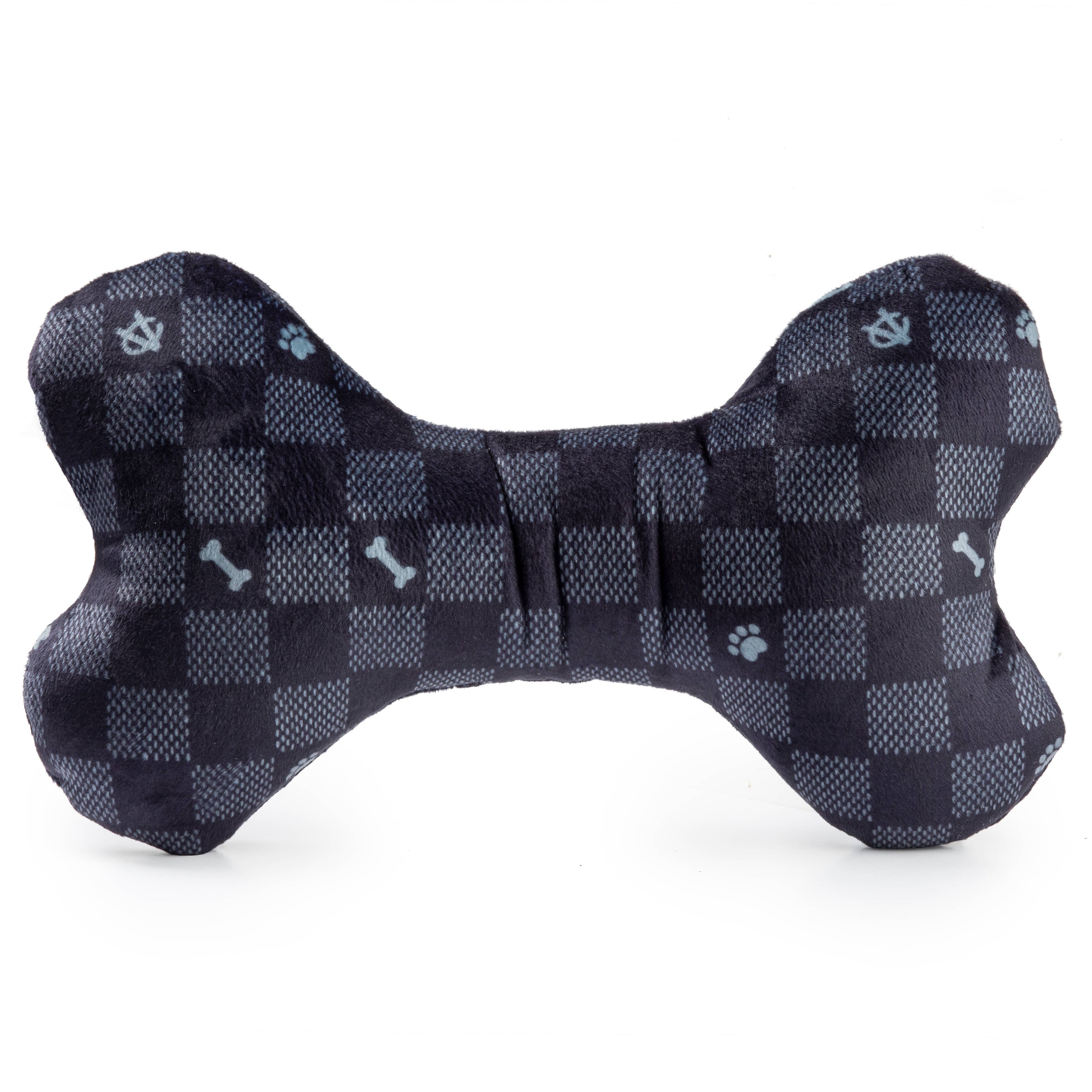 Black Checker Chewy Vuiton Bone  | Squeaker Dog Toy: Large