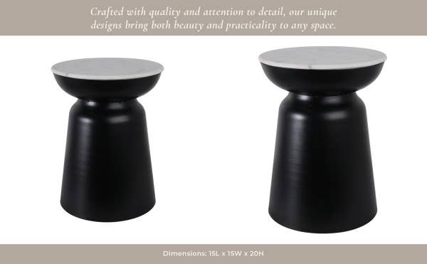 Side Table - Black Marble Round Top Metal Drum Base, 20 in.