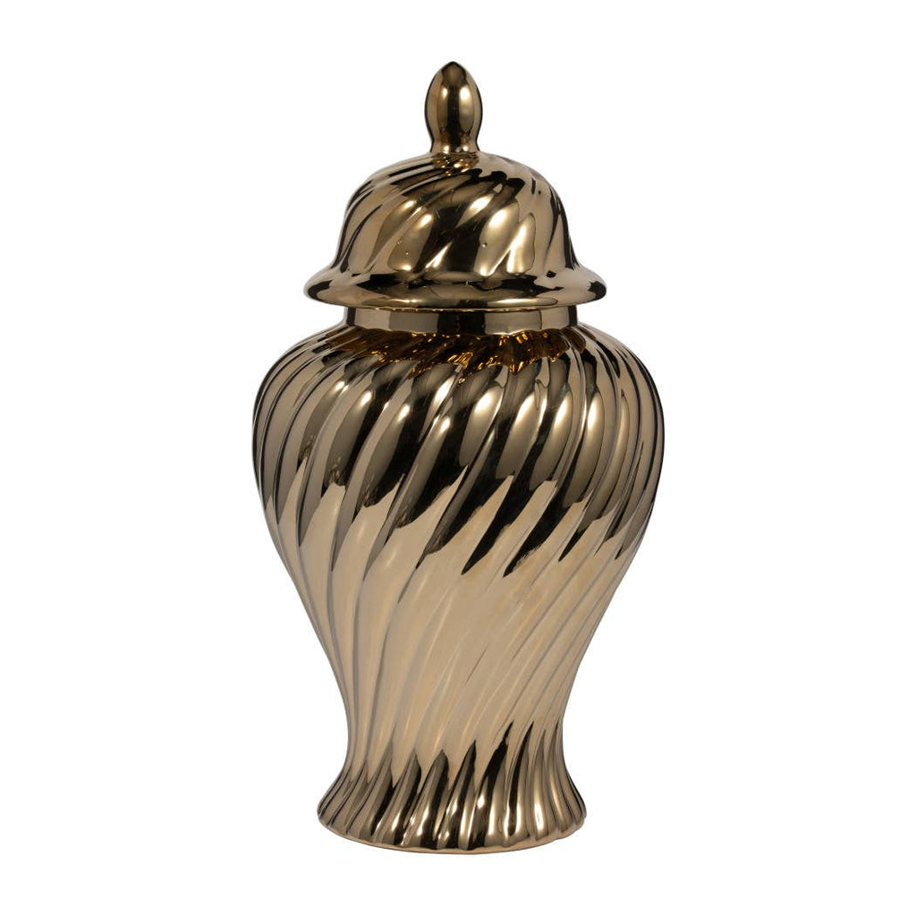Decorative Jar - Gold Ceramic Swirl Tall Lidded, 20 in.