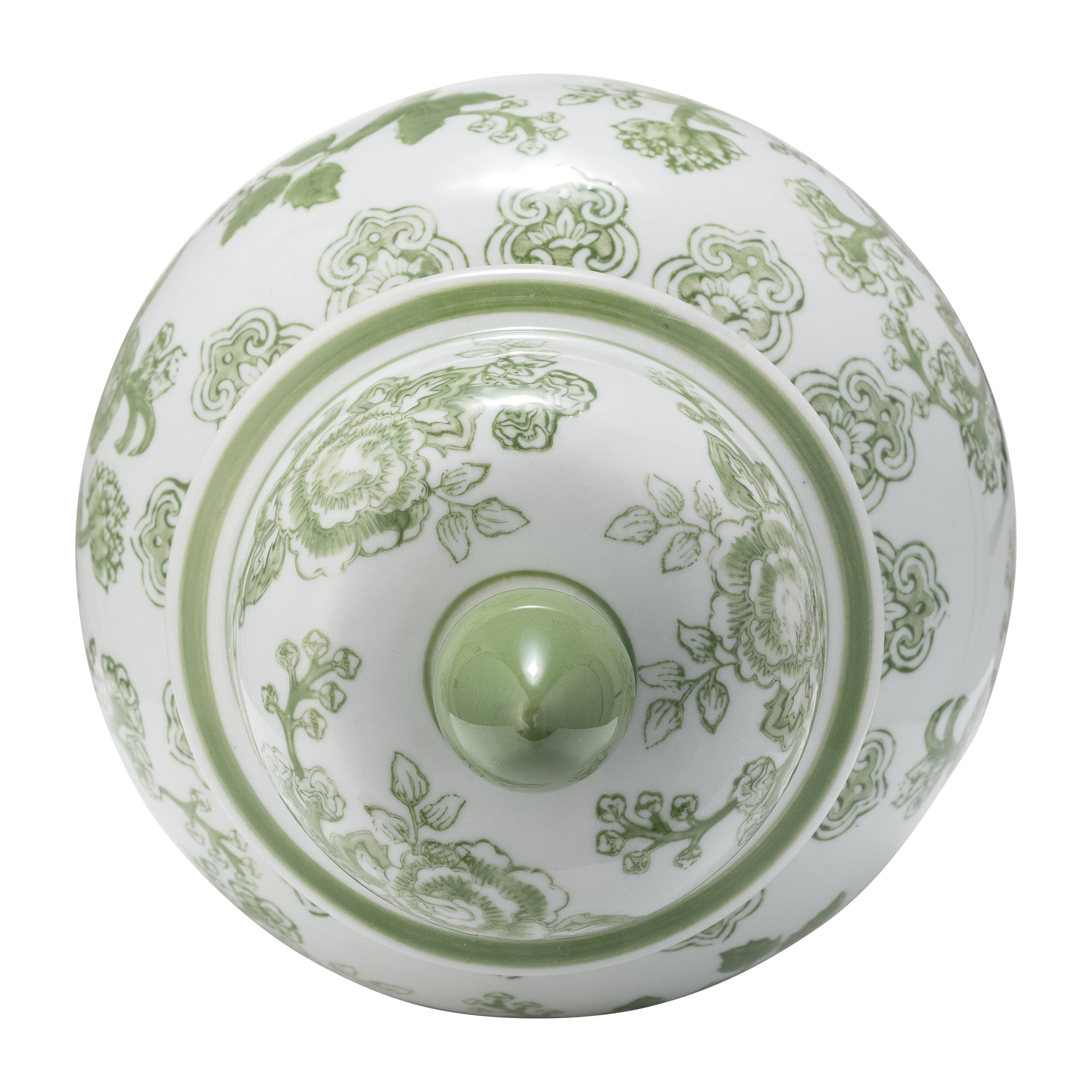 Decorative Jar - Green/White Floral Round Chinoiserie, 14 in