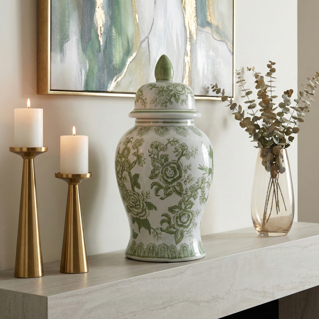 Decorative Jar - Green/White Floral Round Chinoiserie, 14 in