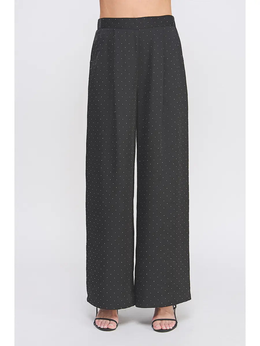 Embellished Crinkle Satin Soft Wide Leg Pant