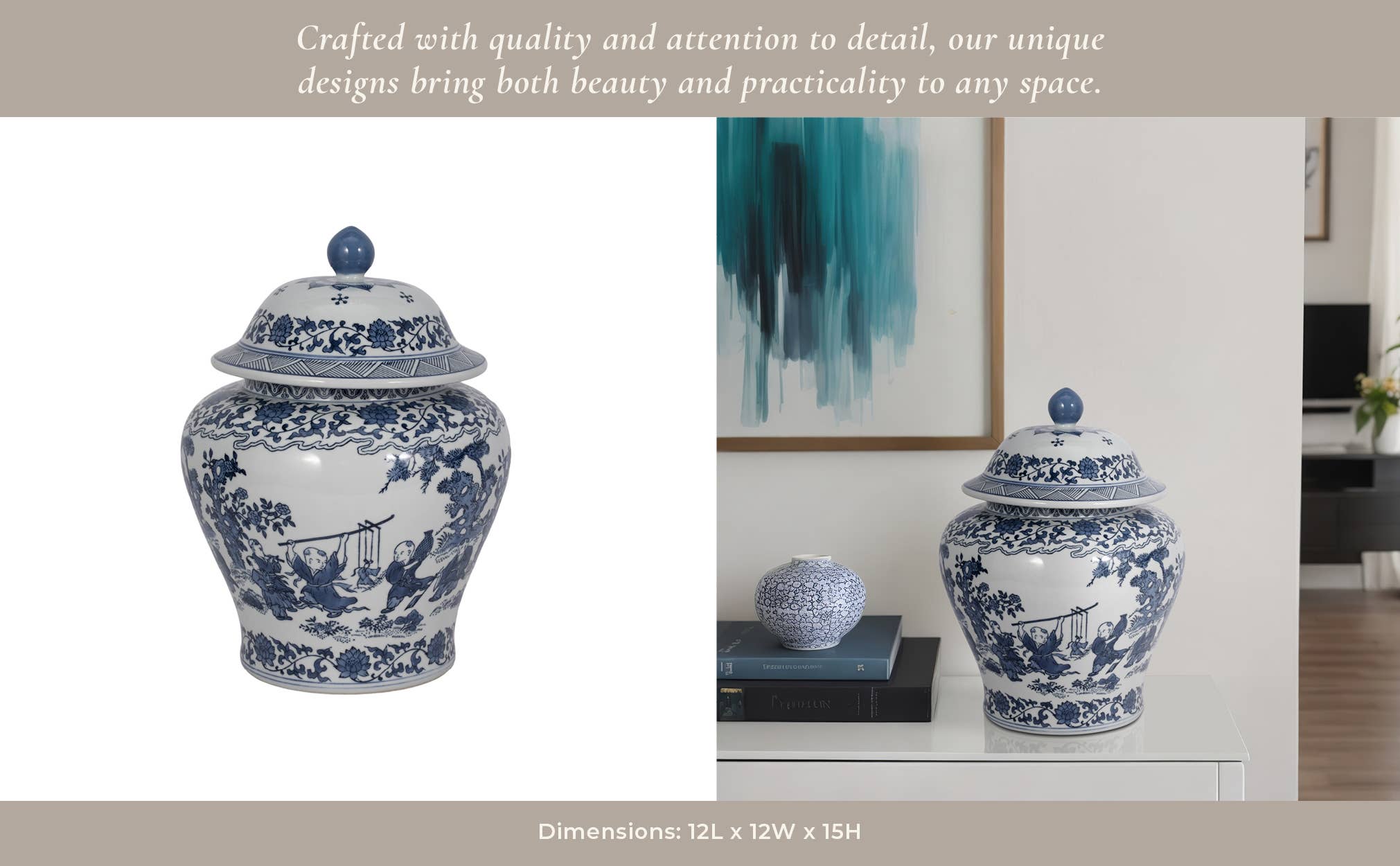 Decorative Jar - Blue Ceramic Blossoms Temple, 15 in.