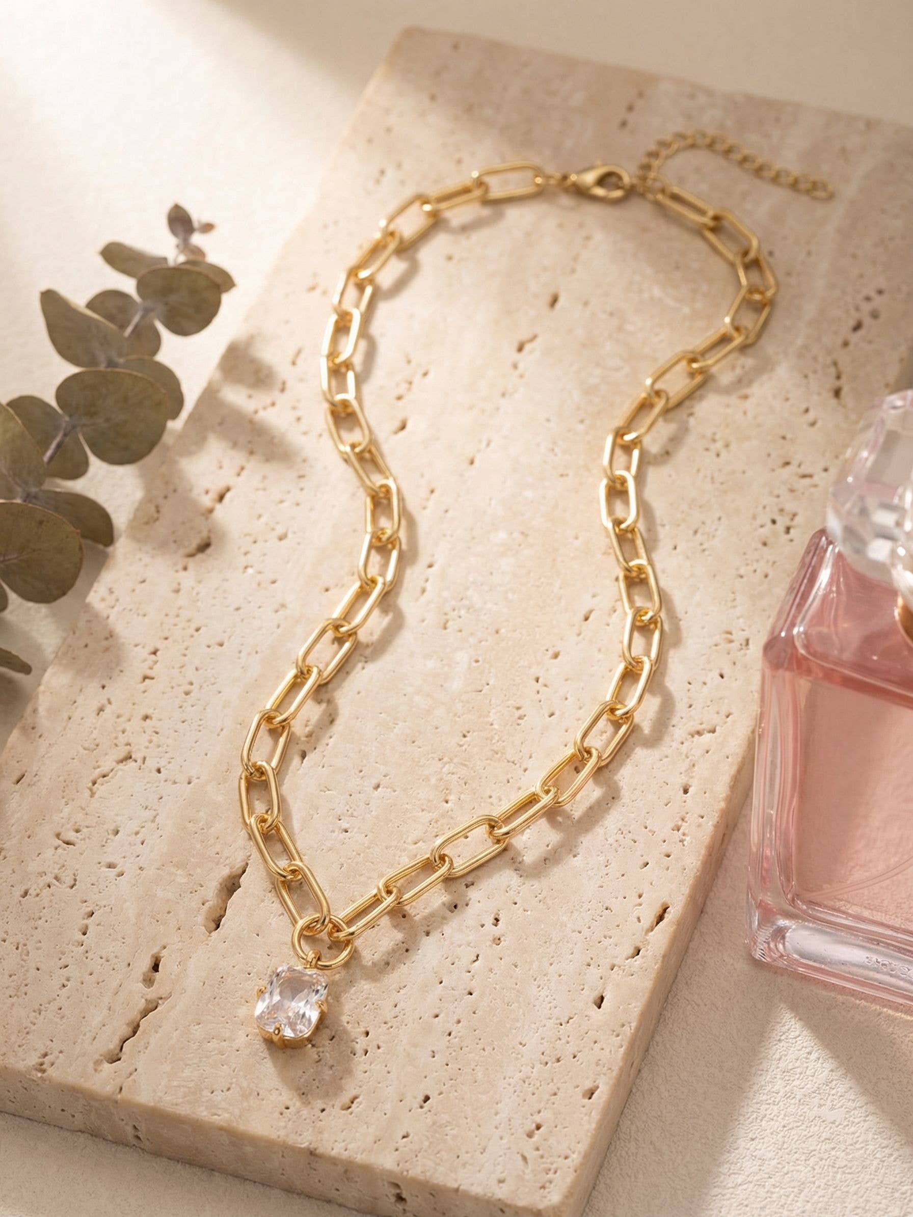 10k Gold Plated Chunky Paperclip Chain & Crystal Necklace: Clear