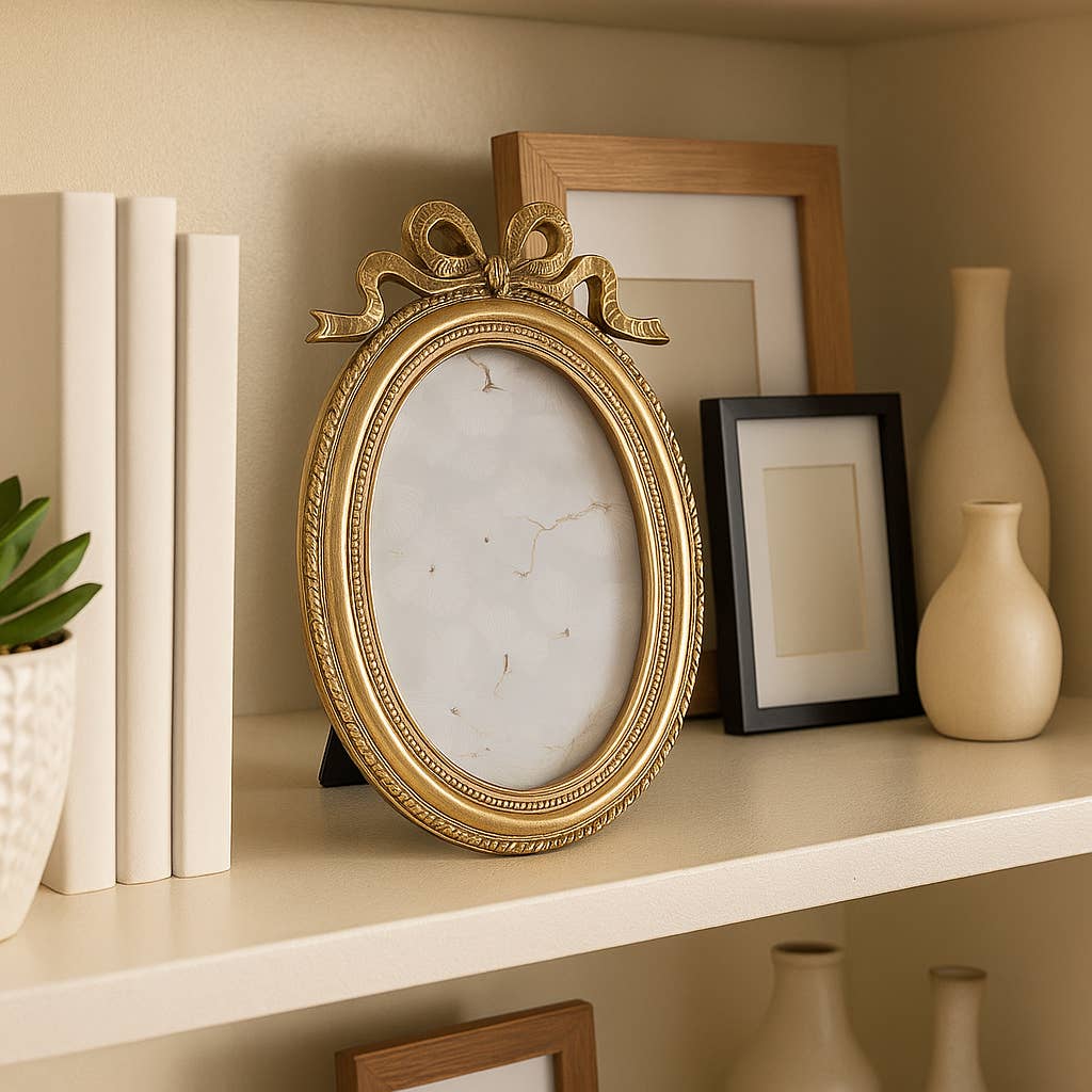 Photo Frame - Gold Polyresin Oval Coquette with Bow, 4x6 in.