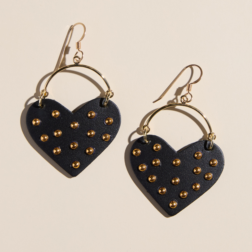 Black Harlow Studded Heart Hoop Earrings: Gold