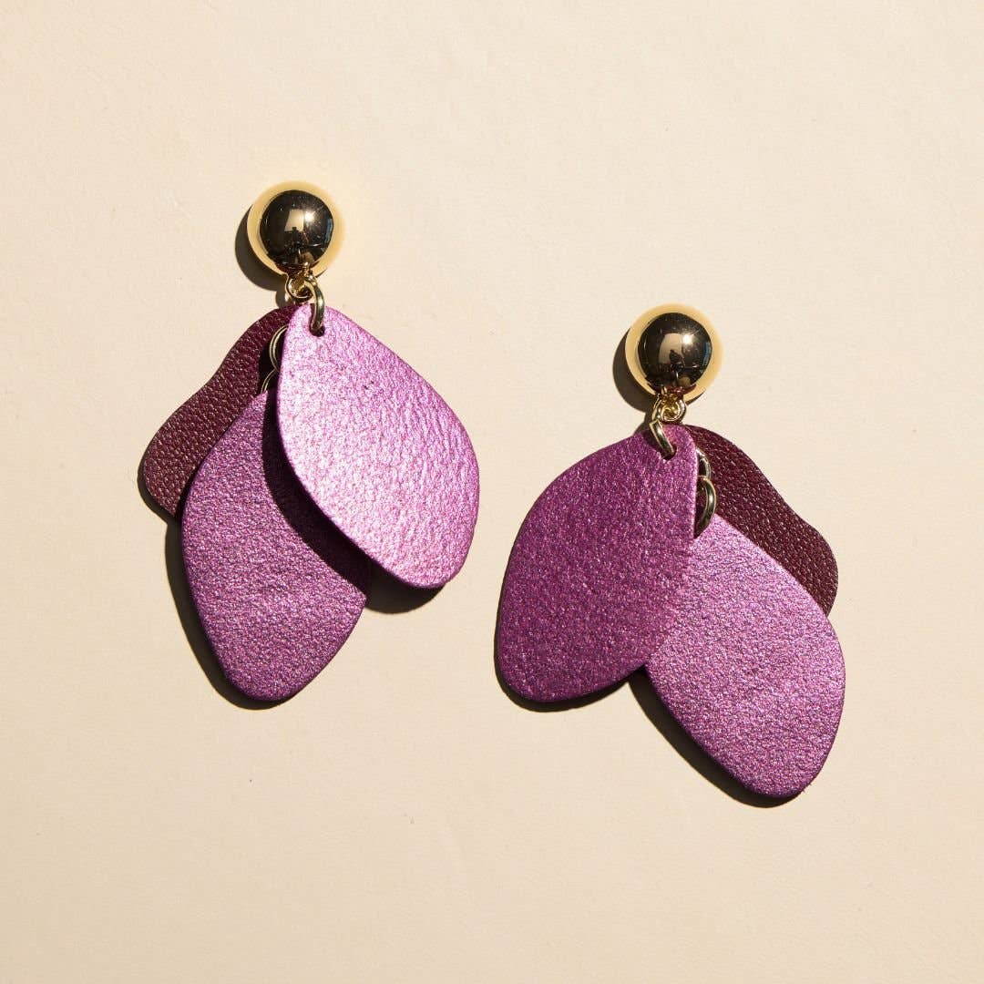 Garnet Shimmer Suede Weston Leather Drop Earrings: Gold