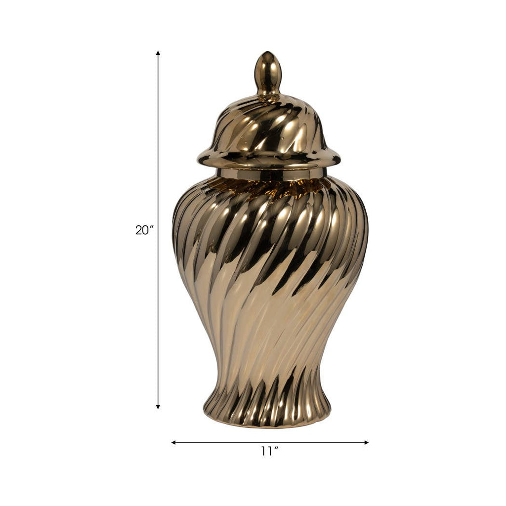 Decorative Jar - Gold Ceramic Swirl Tall Lidded, 20 in.