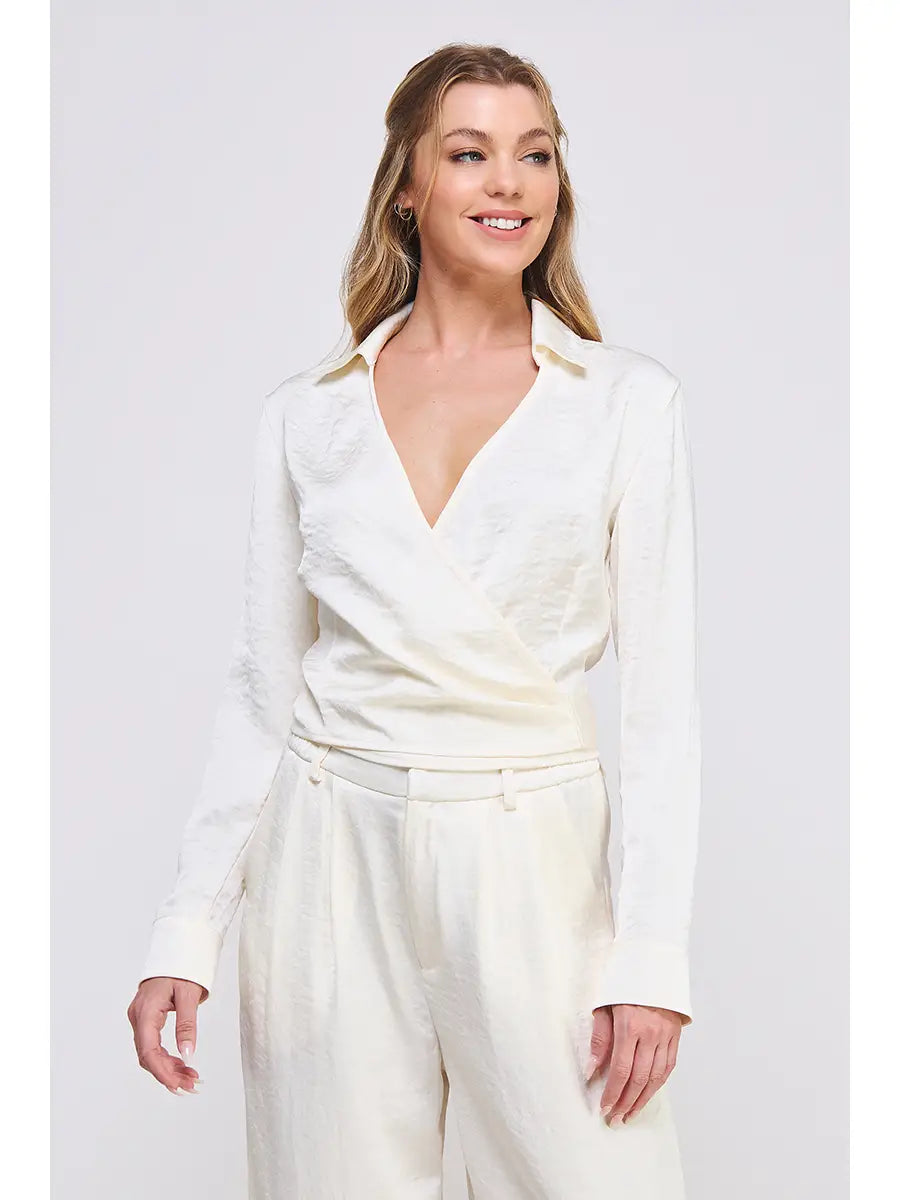Crinkle Satin Tie Wrap Shirt