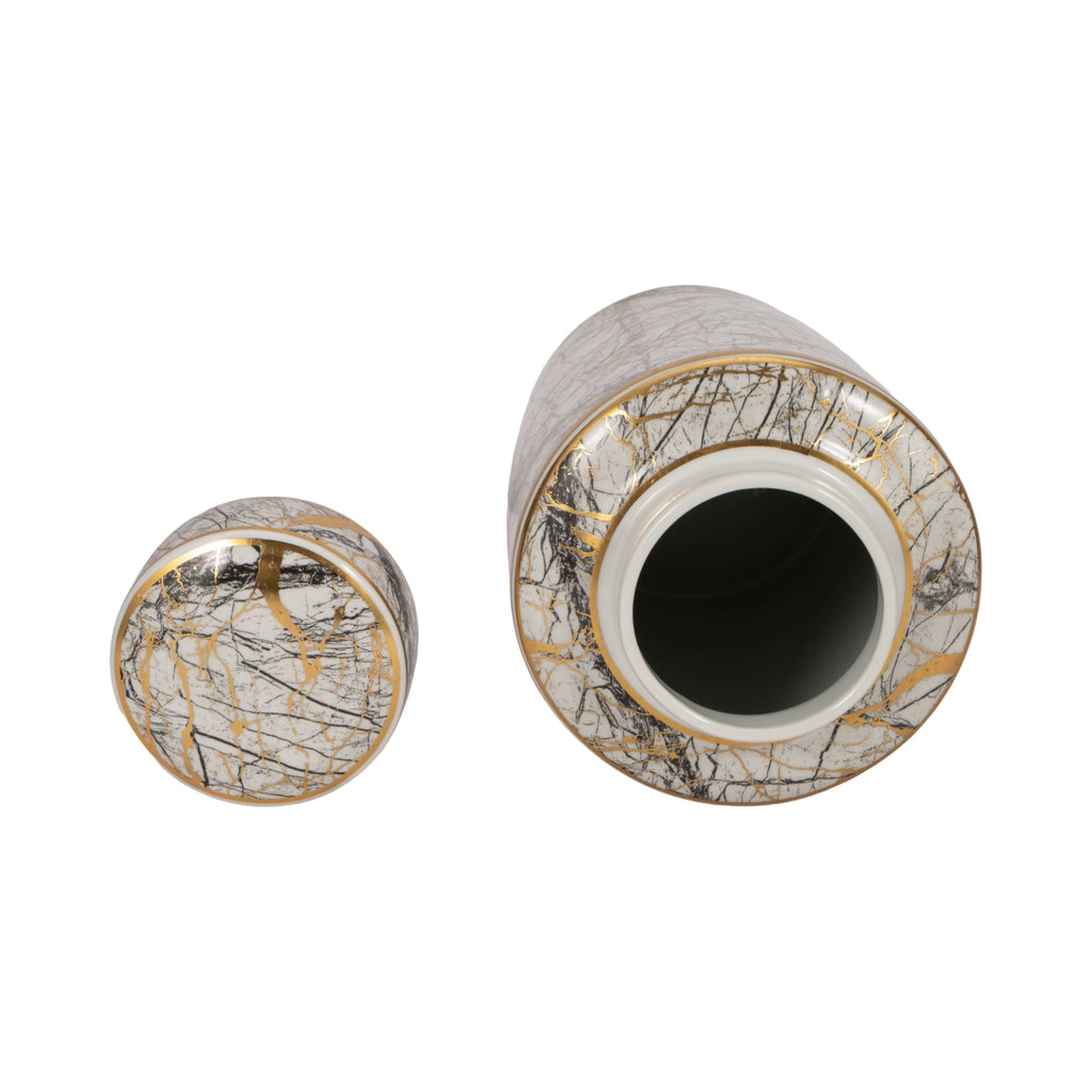 Decorative Jar - White Ceramic Modern with Gold Lid, 16 in.