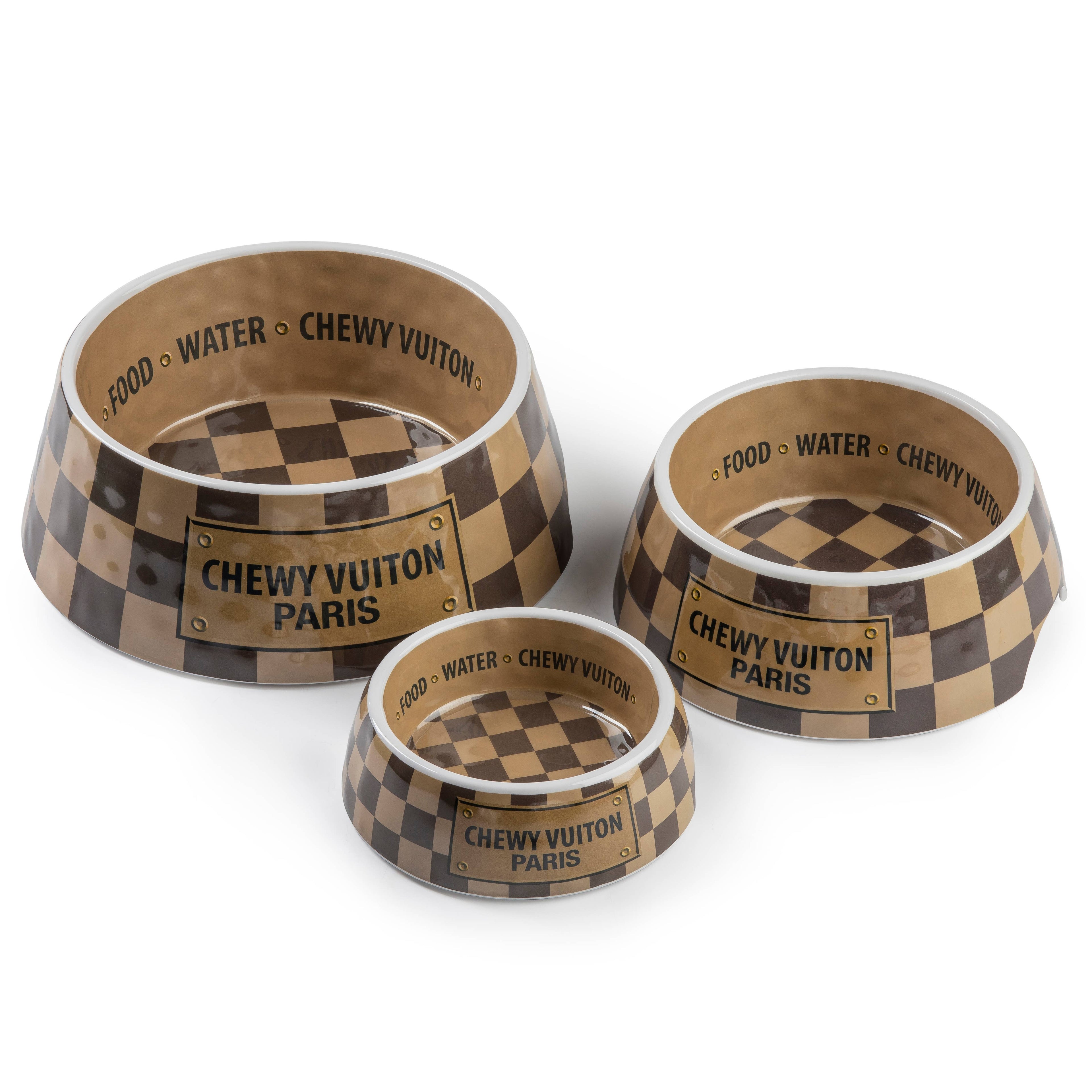 Tan Checker Chewy Vuiton Bowls & Placemat - Cat or Dog Bowl: Small