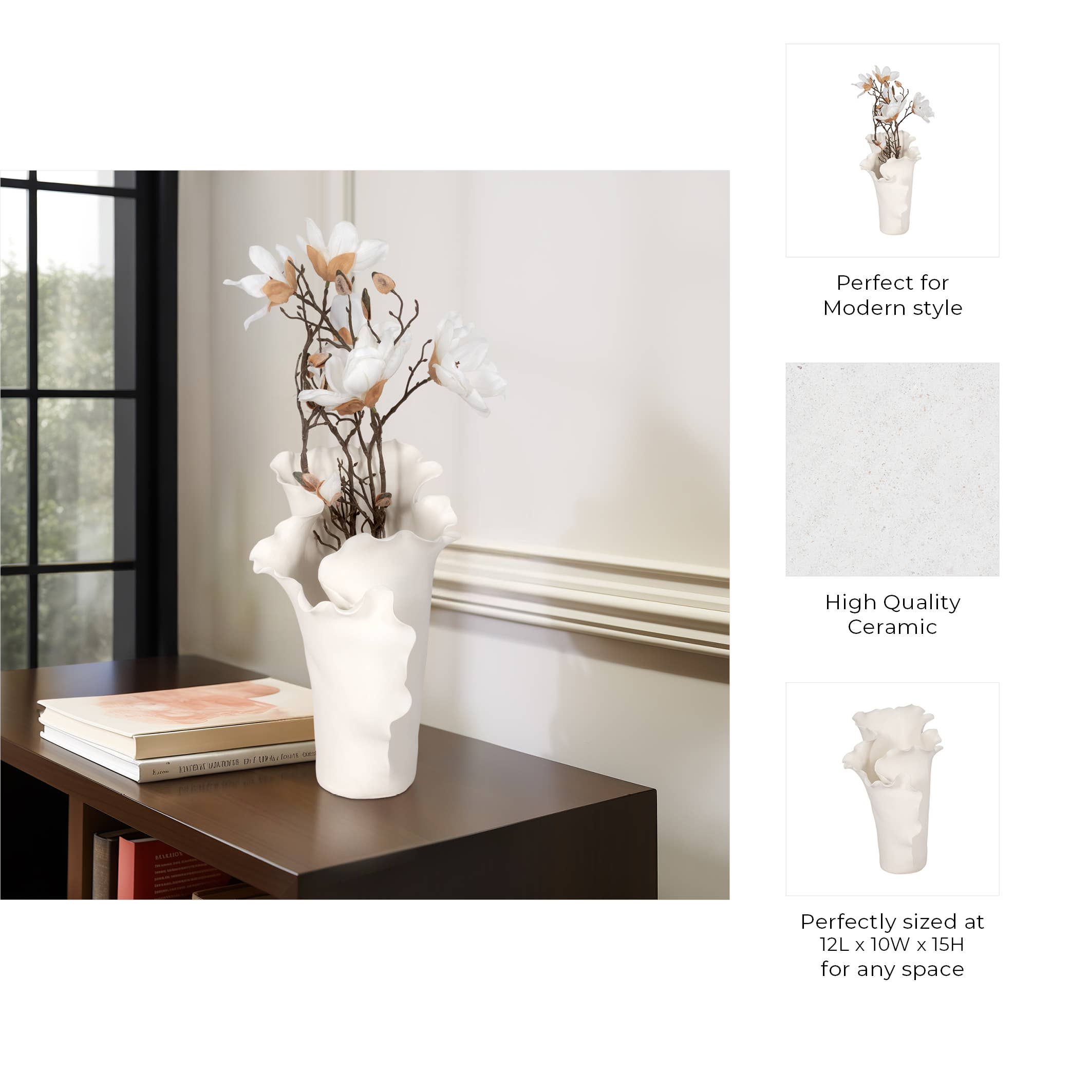 Decorative Vase - White Ceramic Handmade Ruffled Edge, 15 in