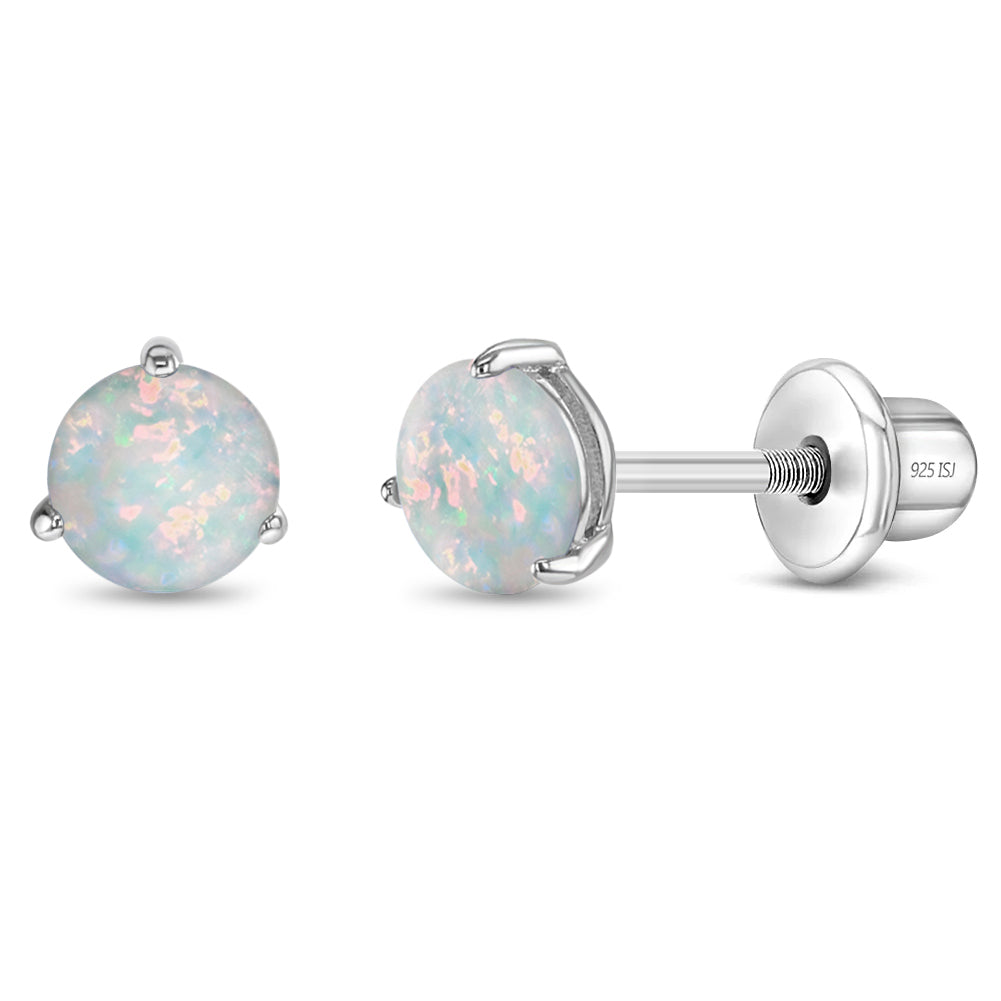 Round Opal Prong Girl Earrings