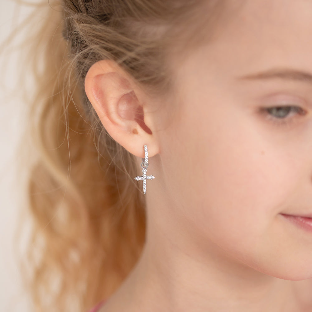 Dangle Cross Teen Huggie Earrings