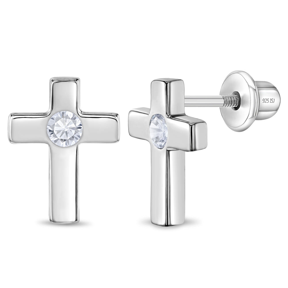 Classic CZ Polished Cross Child Earrings