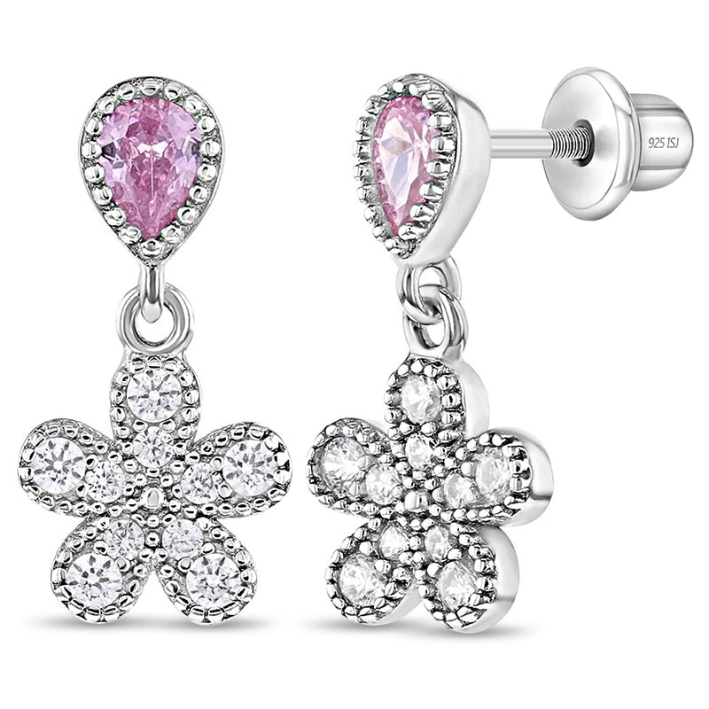 Groovy CZ Flower Dangle Girl Earrings