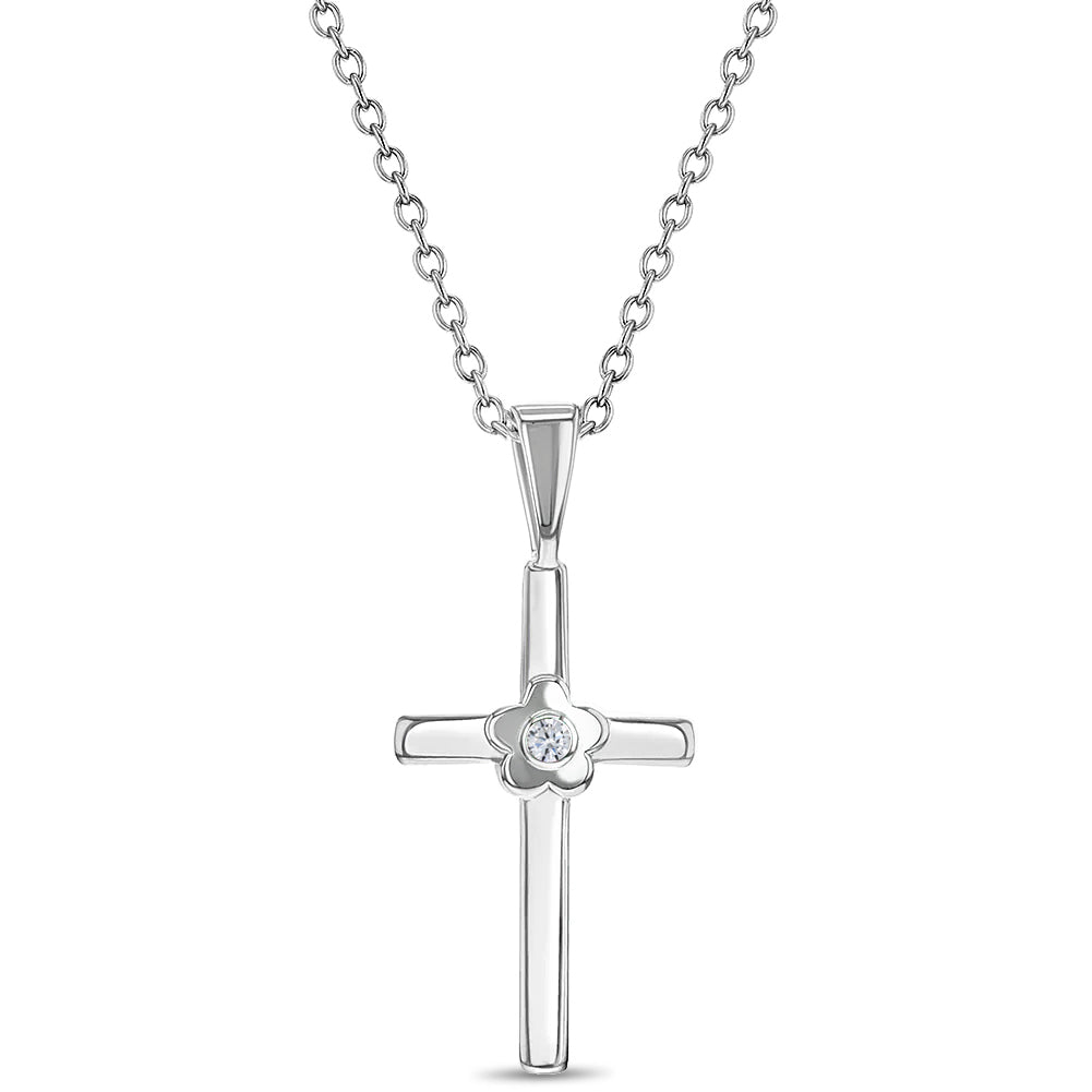 Flower CZ Cross Girls Necklace