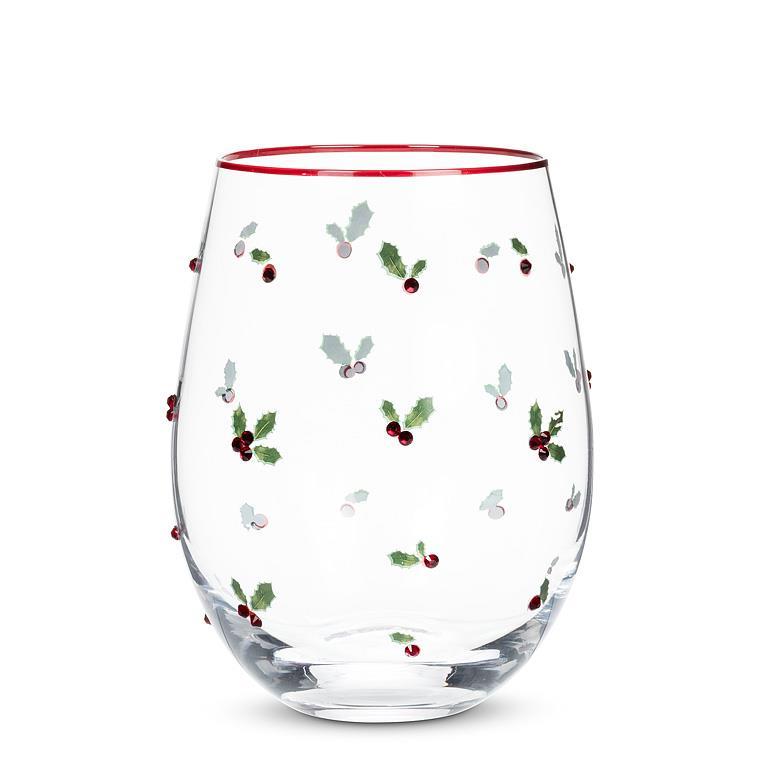 Holly with Berries Stemless Wine Glass