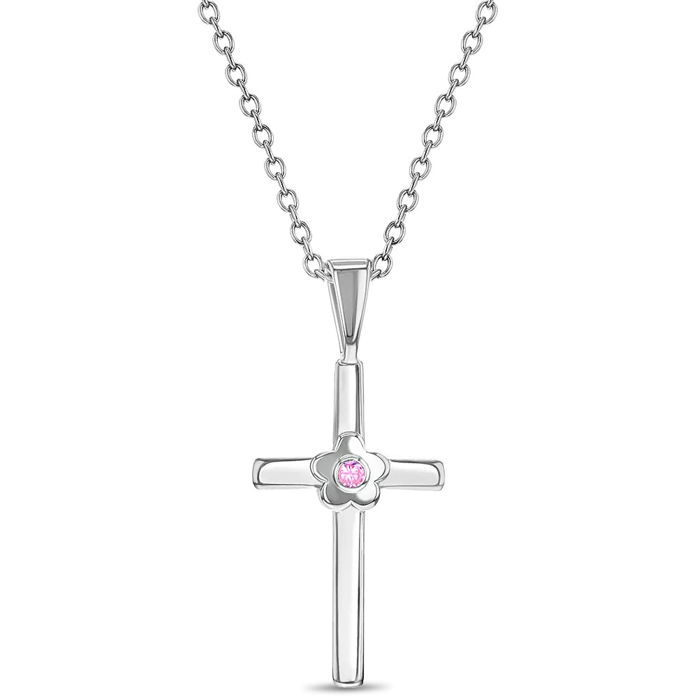 Flower CZ Cross Girls Necklace