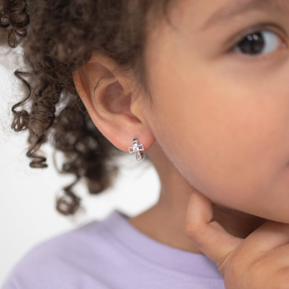 Open CZ Cross Children's Hoop Earrings