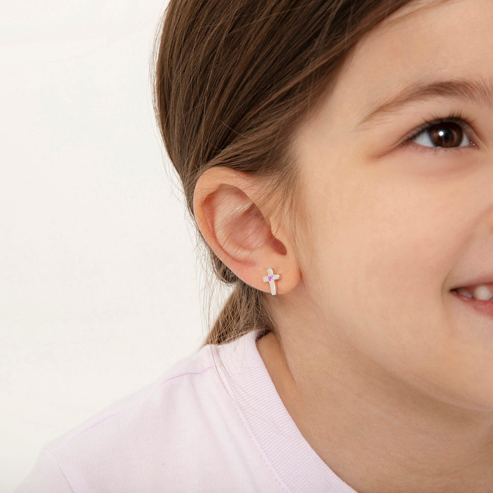 Classic CZ Polished Cross Child Earrings